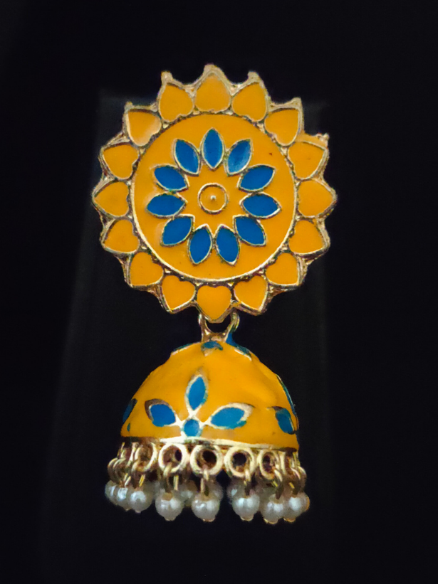Yellow and Blue Handpainted Meenakari Jhumkas