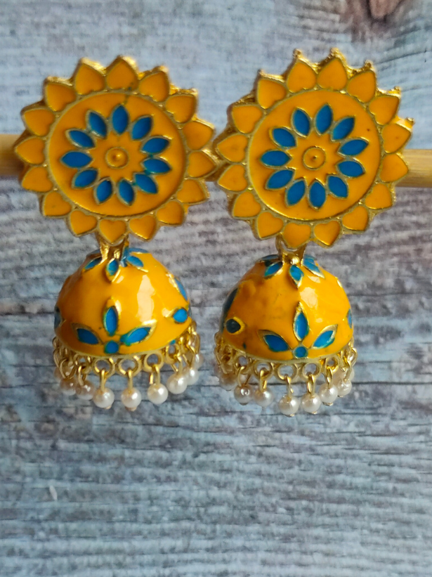 Yellow and Blue Handpainted Meenakari Jhumkas