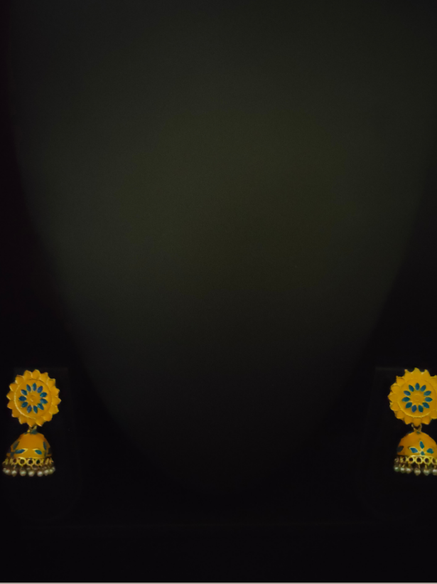 Yellow and Blue Handpainted Meenakari Jhumkas