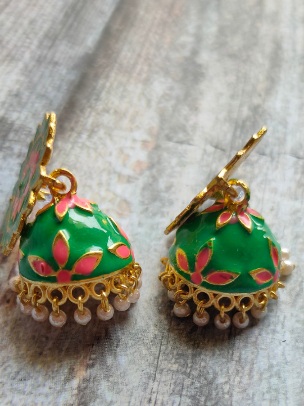 Green and Pink Handpainted Meenakari Jhumkas