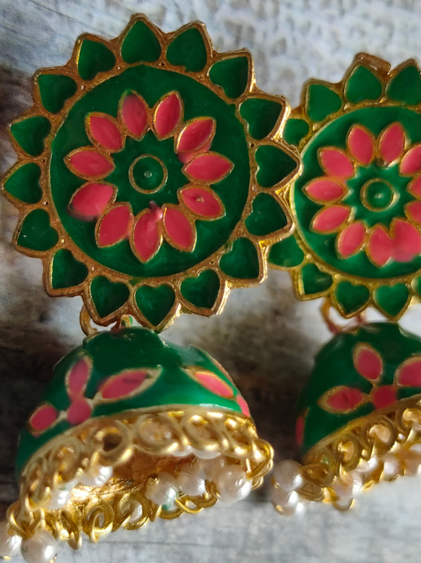 Green and Pink Handpainted Meenakari Jhumkas