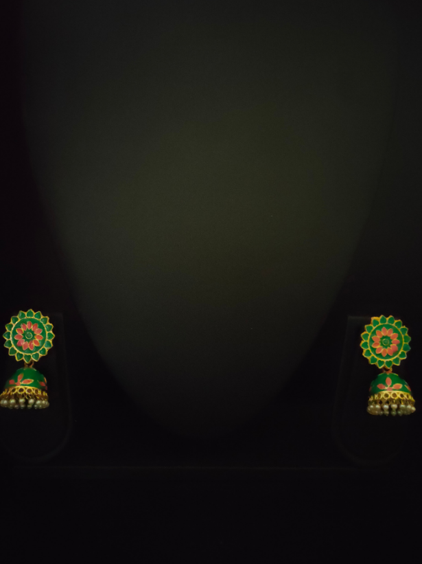 Green and Pink Handpainted Meenakari Jhumkas