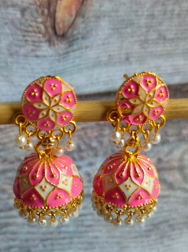 Pink and White Handpainted Meenakari Jhumkas