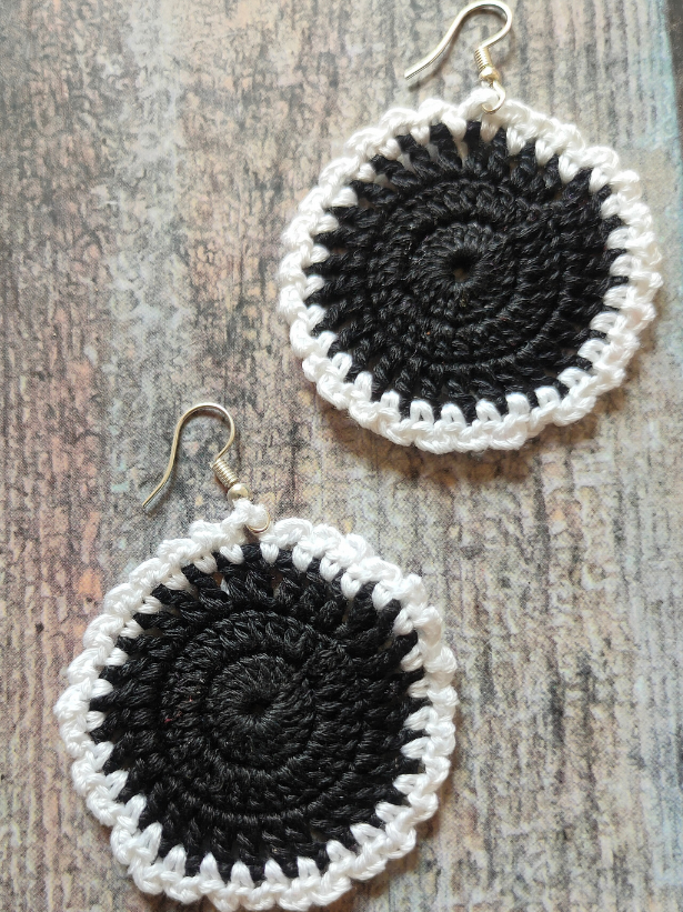 Black and White Hand Knitted Crochet Earrings