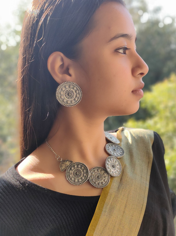 Oxidised Silver Choker Necklace Set