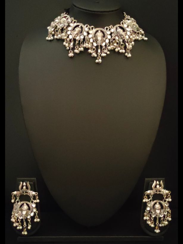 Oxidised Silver Ganesha Choker Necklace Set with Thread Closure