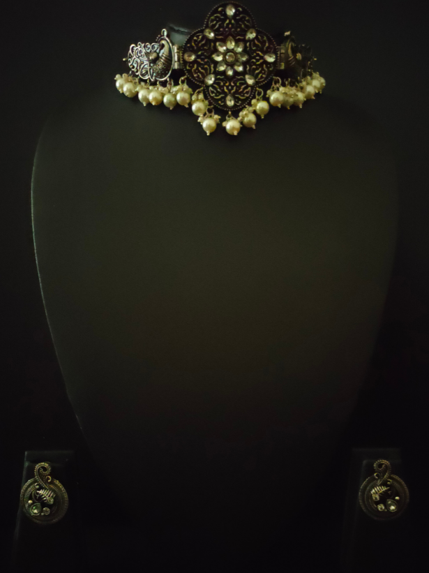 Oxidised Silver Choker Necklace Set with Rhinestones and Peacock Detailing