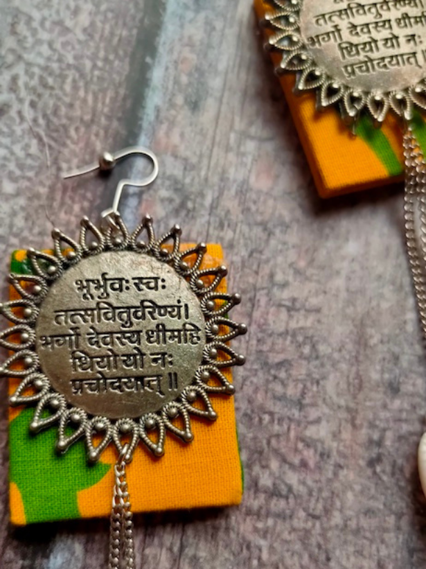 Mantra Printed Fabric Earrings with Shell Chain Strands