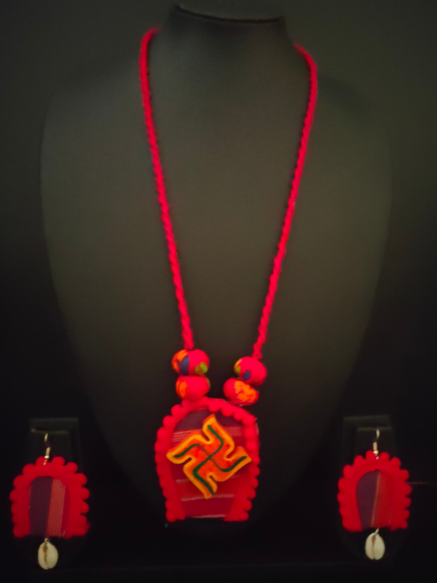 Swastik Fabric Necklace Set with Fabric Beads and Shell Earrings