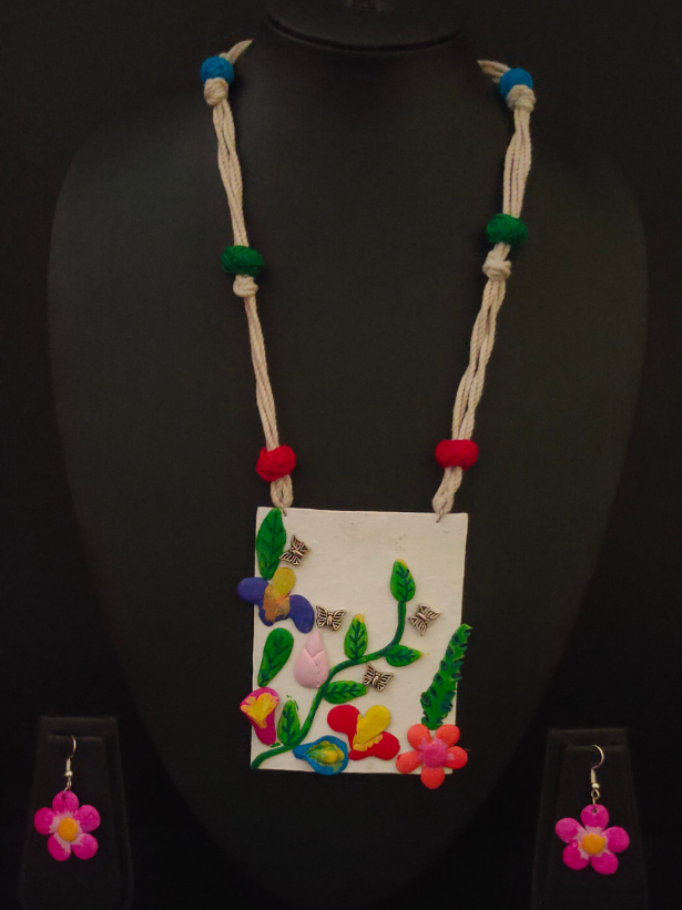 Hand-Painted Clay Flowers with Fabric Rope and Beads Necklace Set