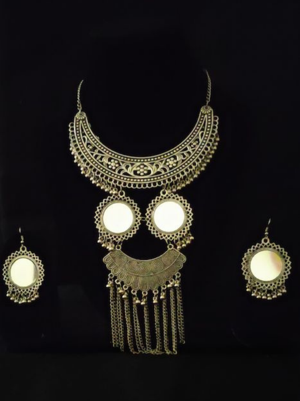 Mirror Oxidised Silver Long Chain Necklace Set