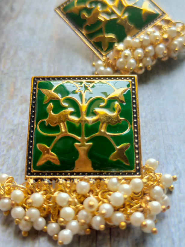 White Beads Green Enamel Paint Earrings