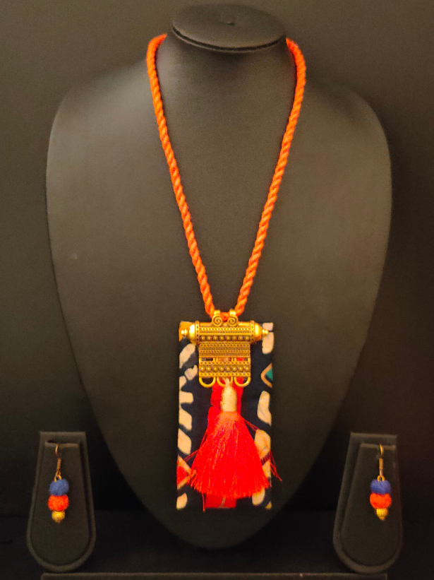 Indigo & Red Fabric Necklace Set with Metal Pendant