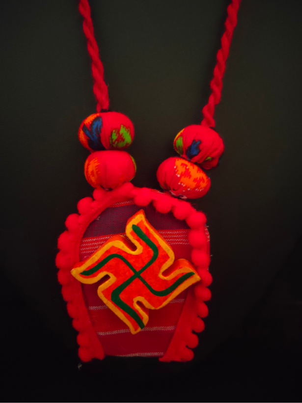 Swastik Fabric Necklace Set with Fabric Beads and Shell Earrings