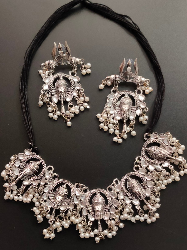 Oxidised Silver Ganesha Choker Necklace Set with Thread Closure
