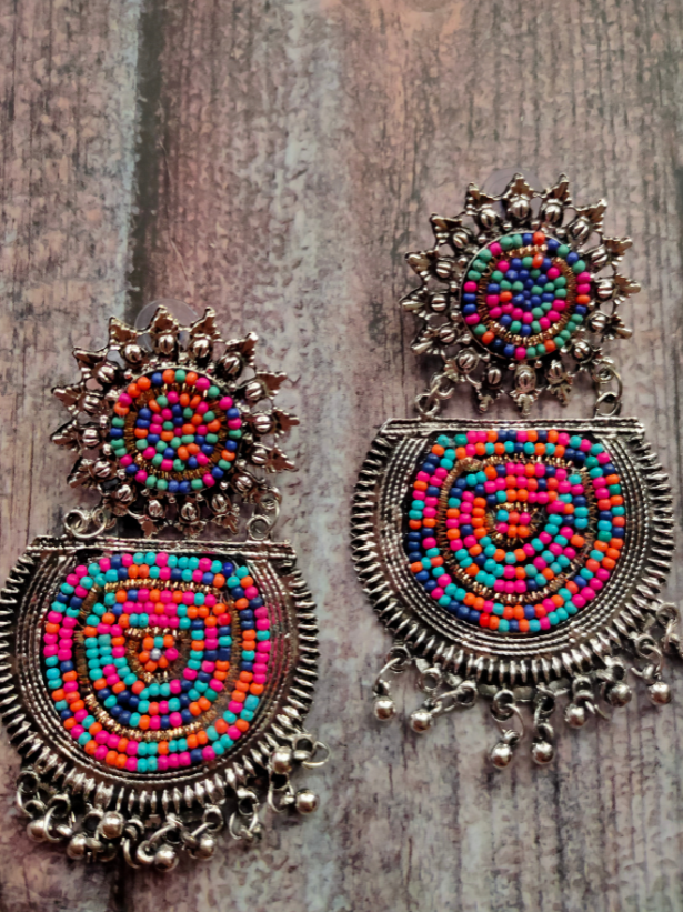 Oxidised Silver Metal Earrings with Multi-Color Beads