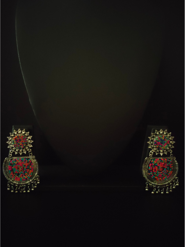 Oxidised Silver Metal Earrings with Multi-Color Beads