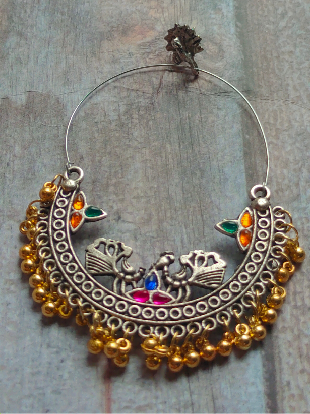 Peacock Detailing Chandbali with Multi-Color Rhinestones and Golden Beads