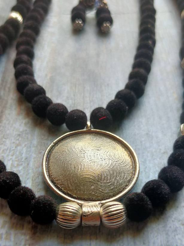 2 Layer Necklace Set with Fabric Beads and Metal Pendant