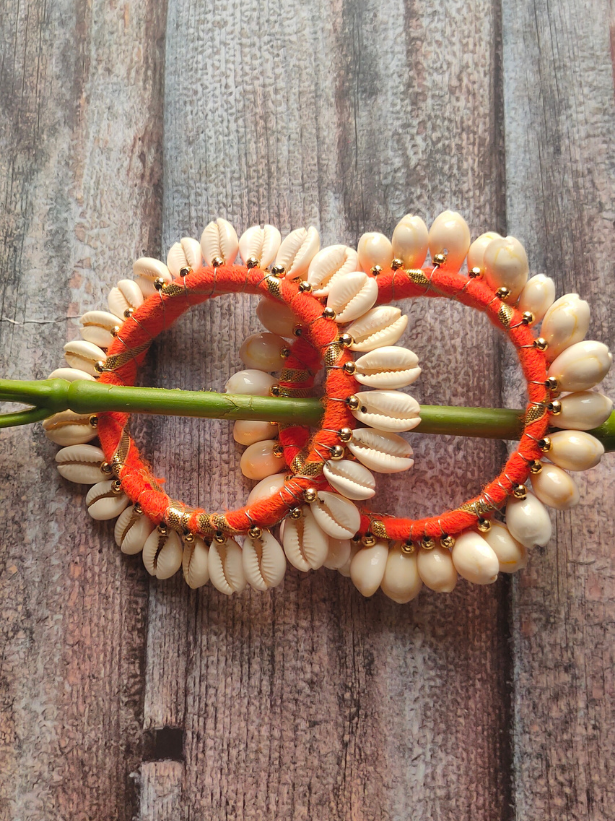 Orange Gota and Shell Work Bangles