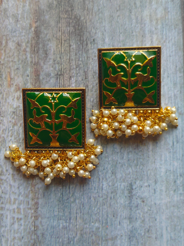 White Beads Green Enamel Paint Earrings