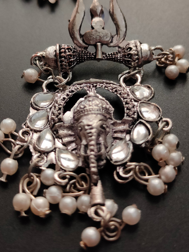 Oxidised Silver Ganesha Choker Necklace Set with Thread Closure