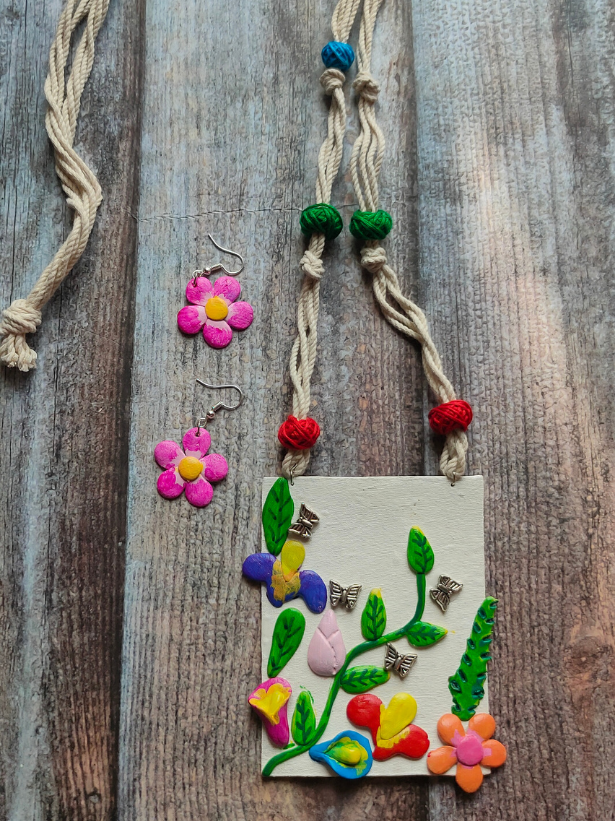 Hand-Painted Clay Flowers with Fabric Rope and Beads Necklace Set