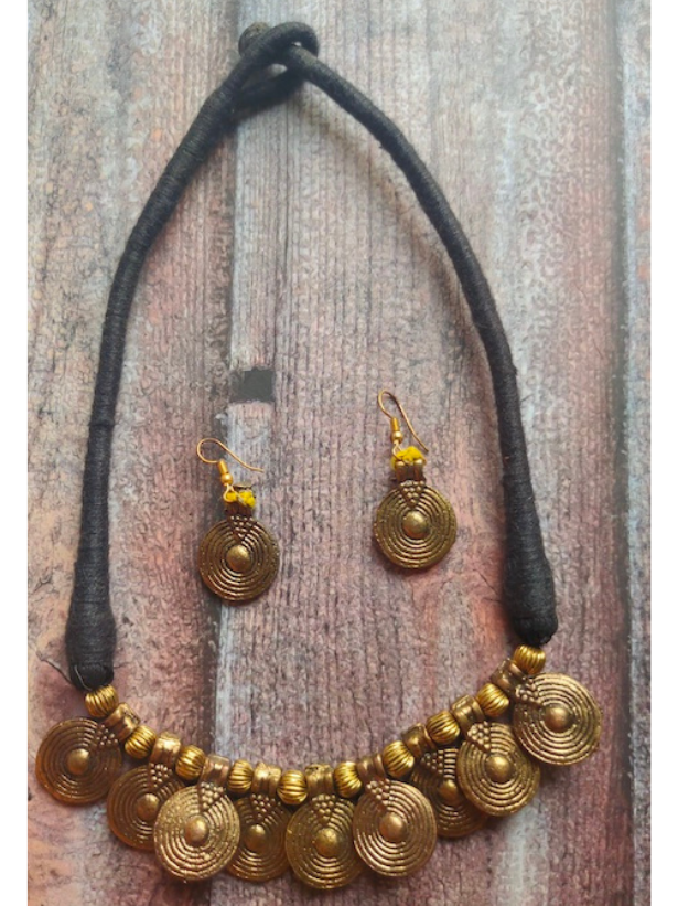 Brass Finish Dhokra Necklace Set with Black Thread Closure