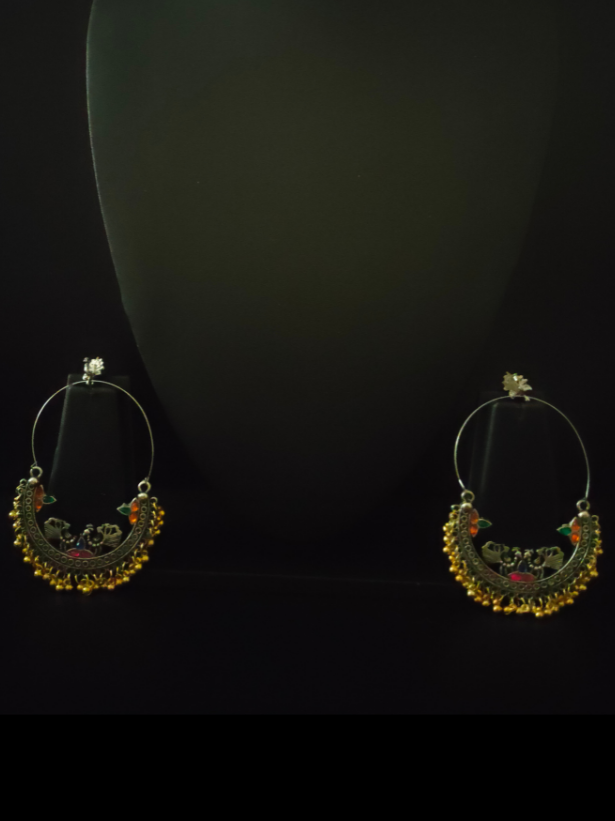 Peacock Detailing Chandbali with Multi-Color Rhinestones and Golden Beads