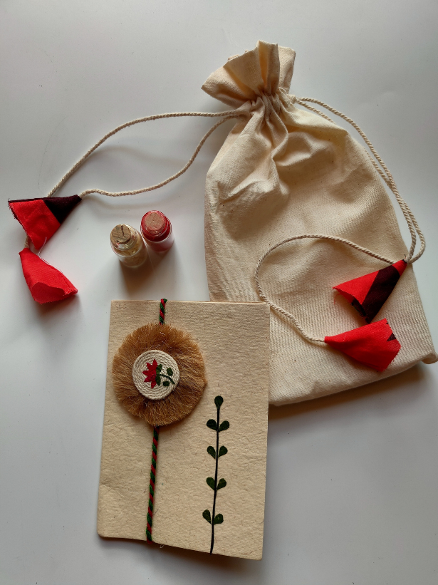 Eco-Friendly Handmade Jute Rakhi with Dried Leaves and Flower Petals (Comes with a Reusable Cloth Pouch and Recycled Paper Card)