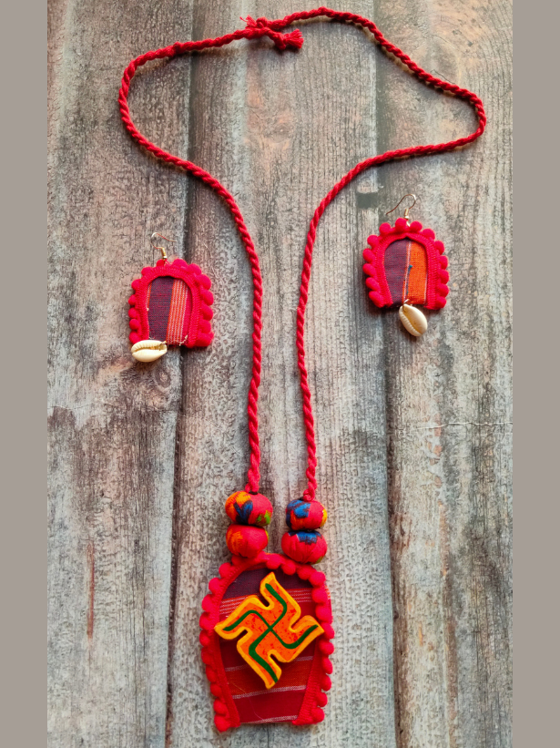 Swastik Fabric Necklace Set with Fabric Beads and Shell Earrings
