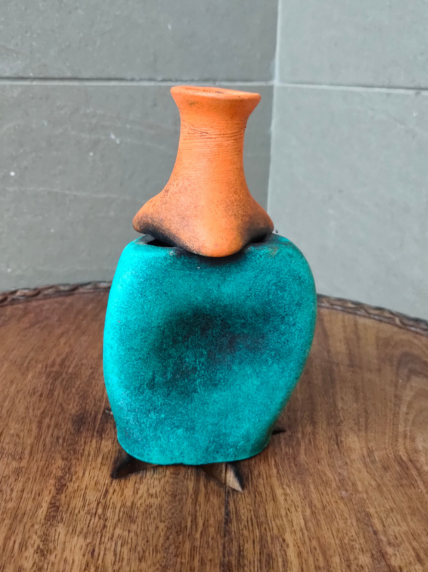 Turquoise and Orange Handcrafted Flask Shaped Terracotta Clay Pot