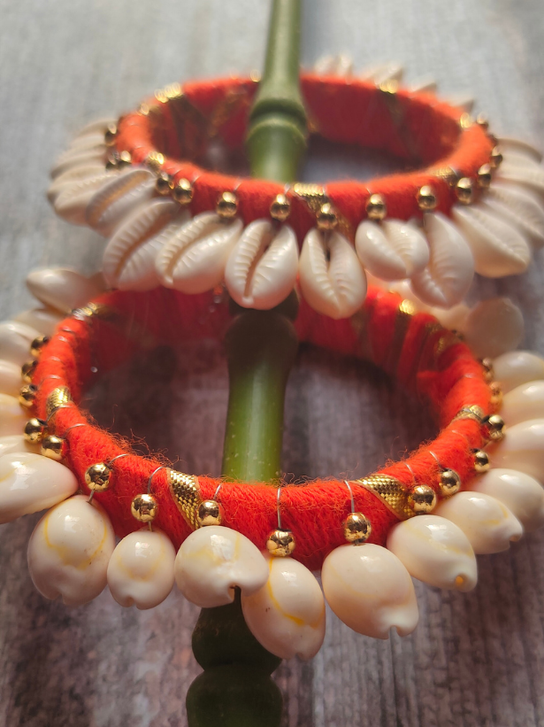 Orange Gota and Shell Work Bangles
