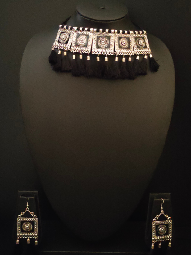 Oxidised Silver Ganesha Choker Necklace Set with Thread Work