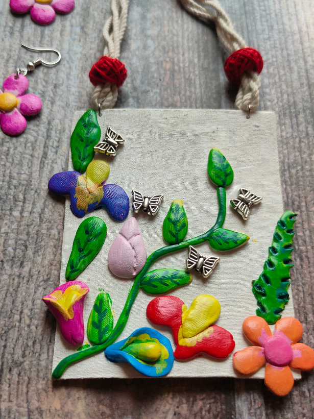 Hand-Painted Clay Flowers with Fabric Rope and Beads Necklace Set