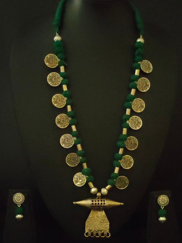 Fabric Beads and Coins Necklace Set with Warrior Metal Pendant