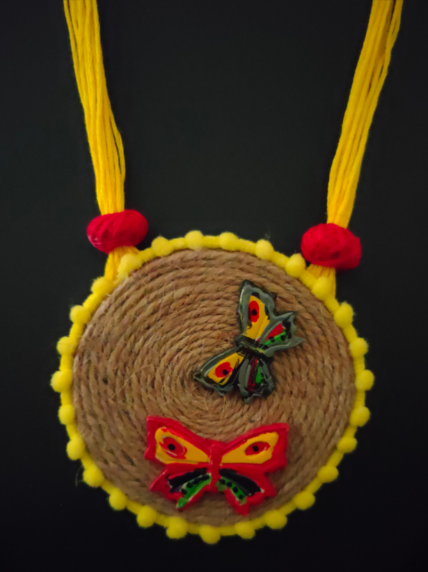 Handcrafted Jute and Fabric Necklace Set with Wooden Birds