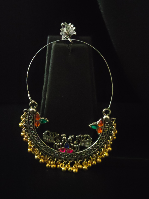 Peacock Detailing Chandbali with Multi-Color Rhinestones and Golden Beads