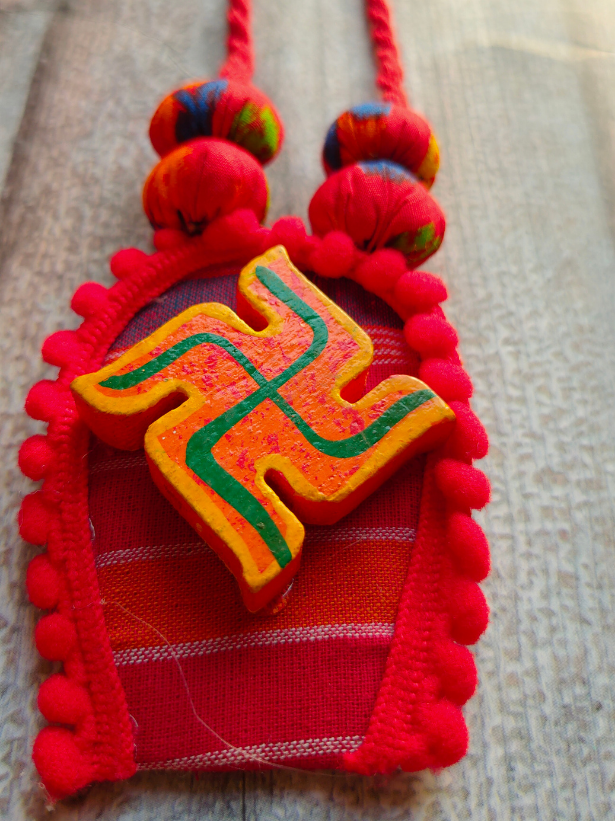 Swastik Fabric Necklace Set with Fabric Beads and Shell Earrings