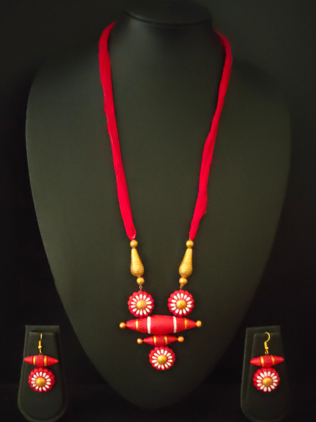Handcrafted Red, Golden and White Terracotta Necklace Set
