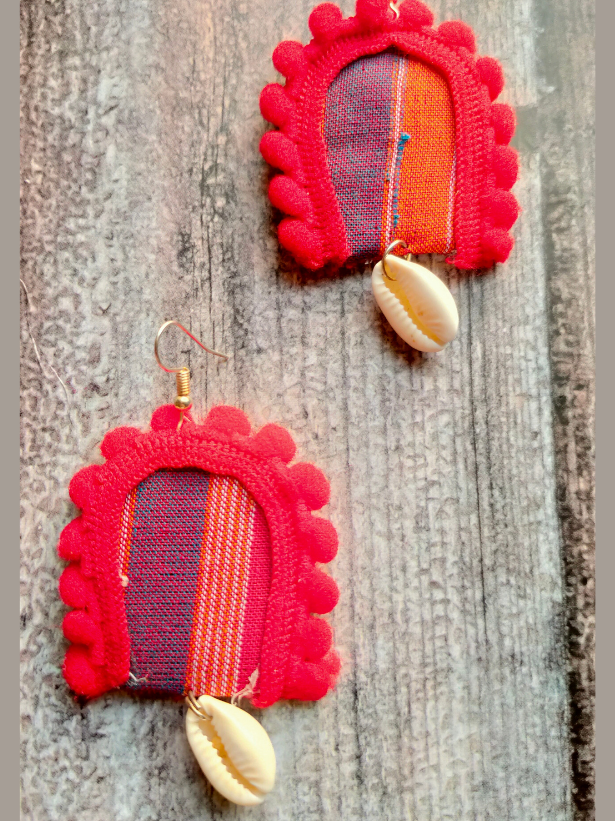 Swastik Fabric Necklace Set with Fabric Beads and Shell Earrings