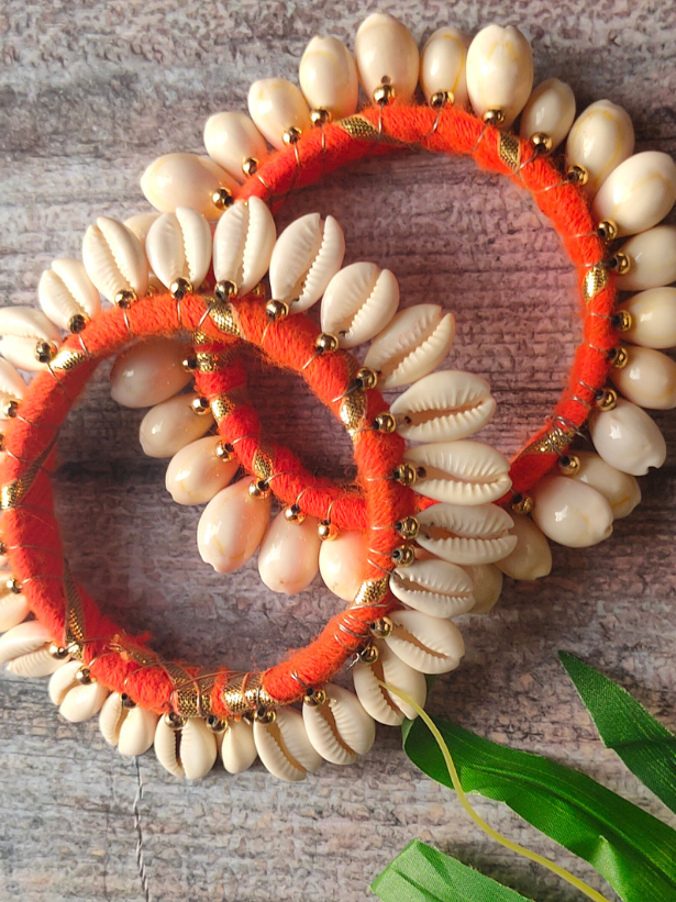 Orange Gota and Shell Work Bangles