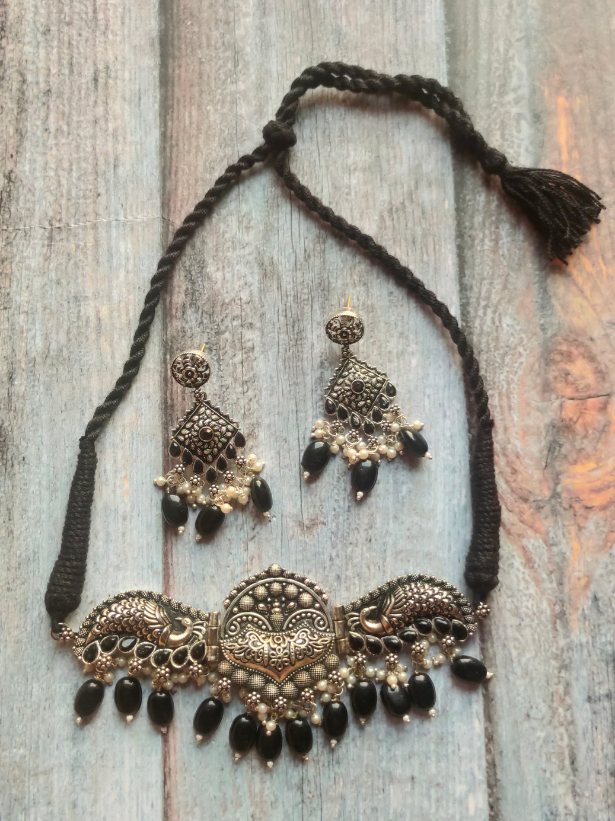 Princess Crown Choker Necklace Set with Stones and Statement Earrings