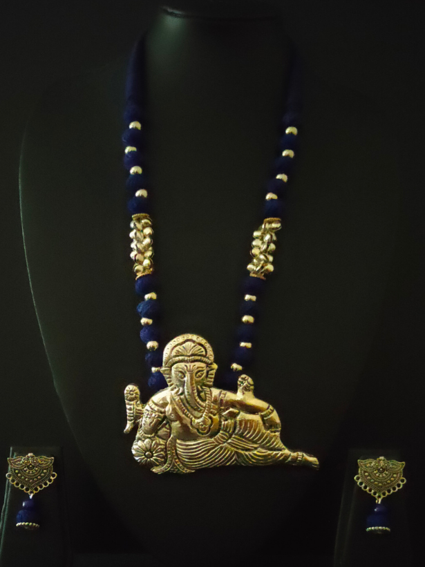 Statement Ganesha Necklace with Blue Fabric Beads