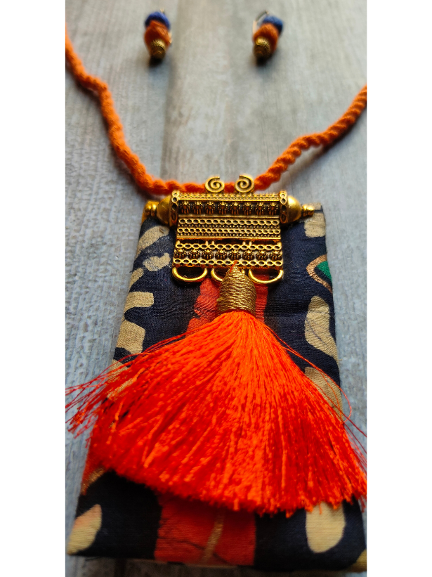 Indigo & Red Fabric Necklace Set with Metal Pendant