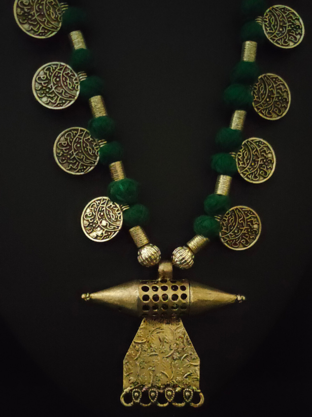 Fabric Beads and Coins Necklace Set with Warrior Metal Pendant