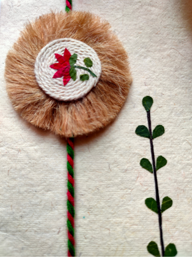 Eco-Friendly Handmade Jute Rakhi with Dried Leaves and Flower Petals (Comes with a Reusable Cloth Pouch and Recycled Paper Card)