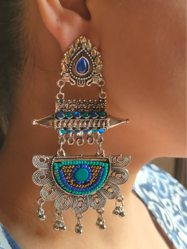 Long Beaded Afghani Earrings with Blue Stone