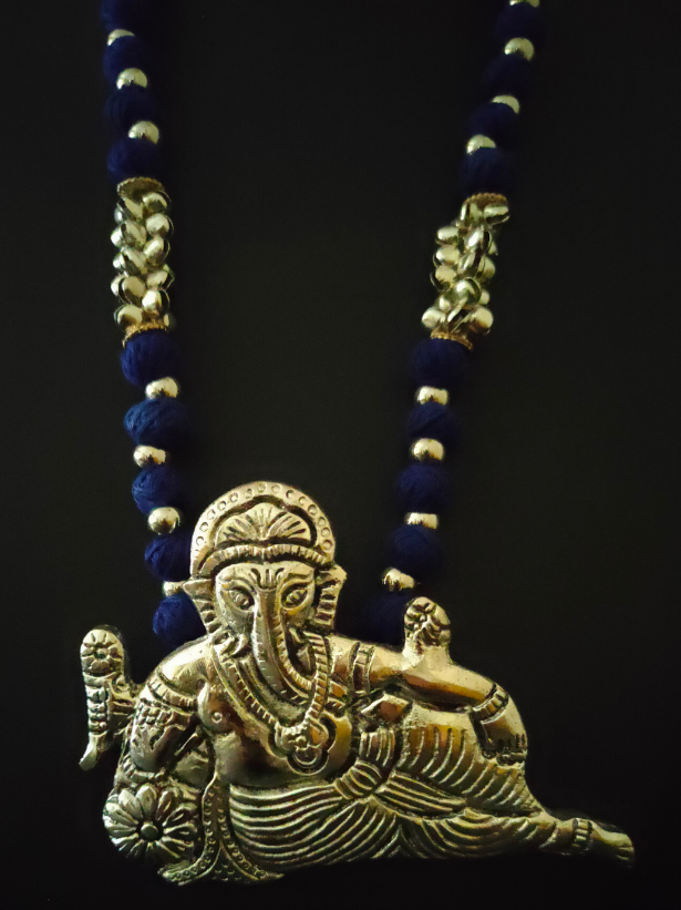 Statement Ganesha Necklace with Blue Fabric Beads