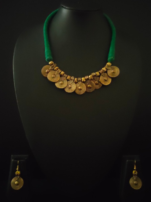 Brass Finish Dhokra Necklace Set with Green Thread Closure
